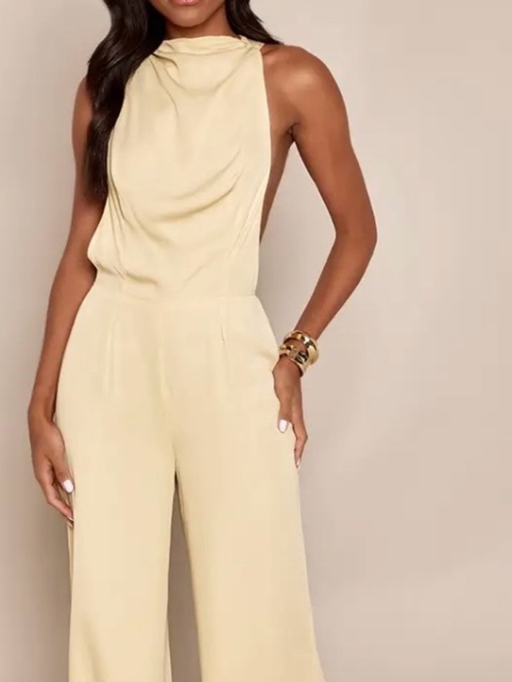 Yellow Chiffon Wide Leg Jumpsuit Size 12 Draped Neck Back Detail NWT